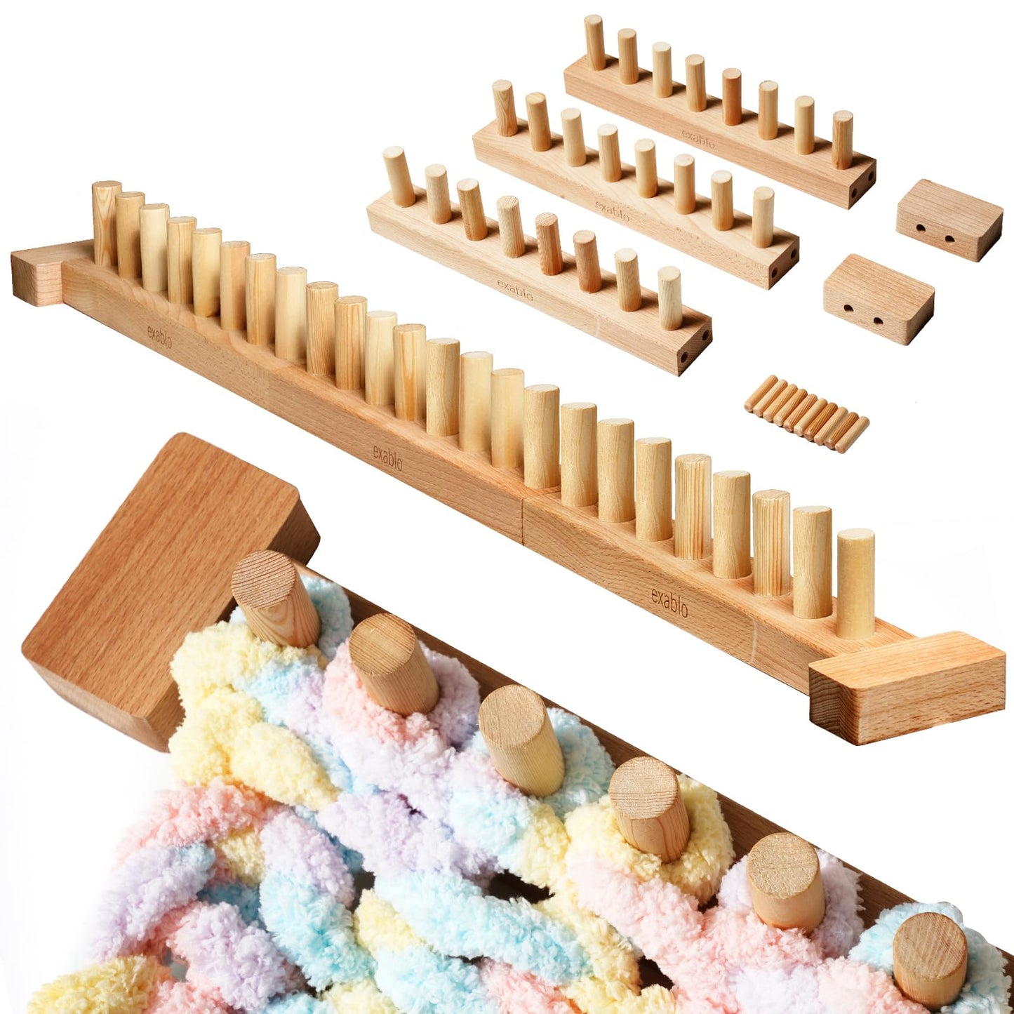 exablo 41" Beechwood Chunky Blanket Loom – Adjustable 3-Section Wooden Knitting Loom for Chunky Yarn, Beginner-Friendly DIY Craft Kit for Adults, No Needles Required