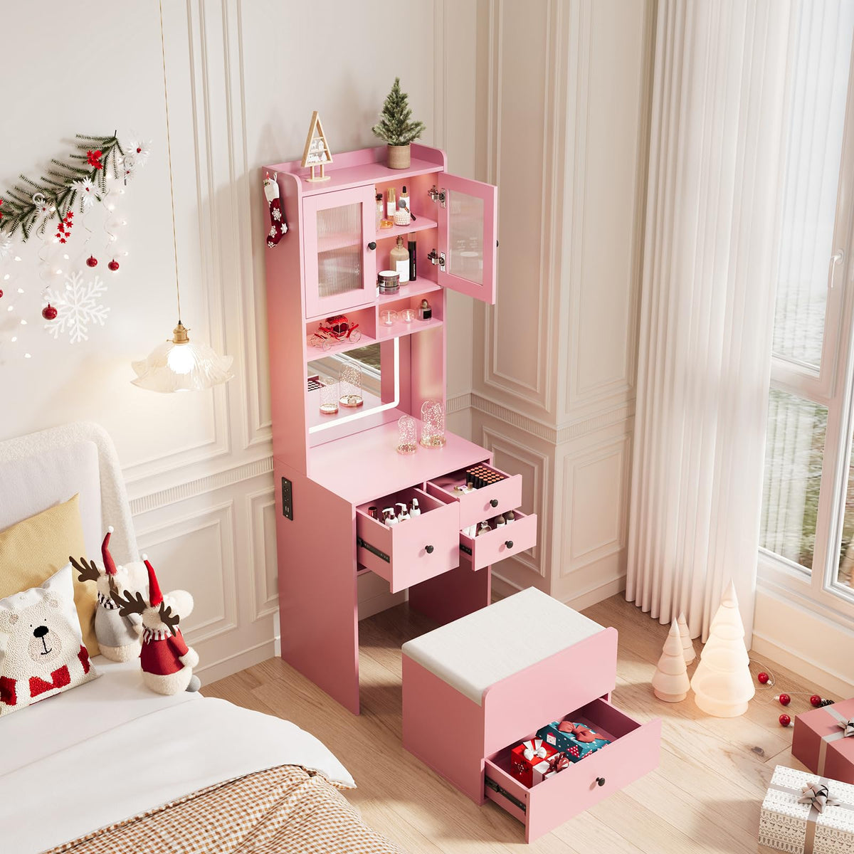Hetoy 3-in-1 Vanity Desk with Sliding LED Mirror, AC Outlets & USB-C, 4 Drawers, Acrylic Doors, Storage Stool, Cushioned Chair - Complete Makeup Dressing Table Set for Bedroom - Pink