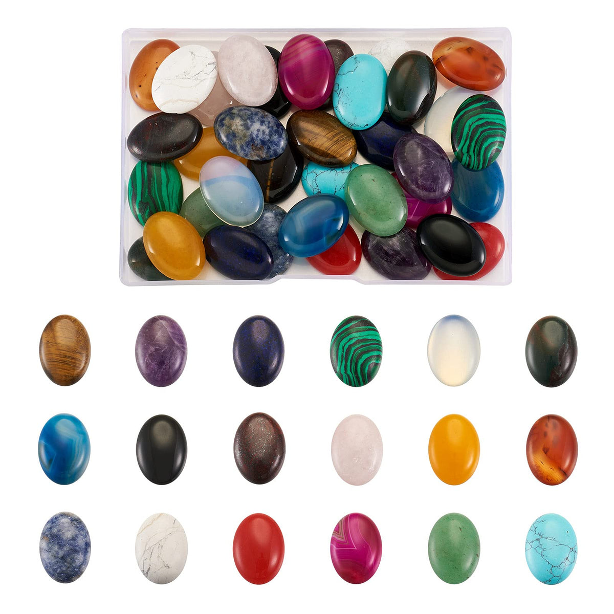 Beadthoven 36pcs 25mm Oval Cabochons Mix Natural Stone Cabochons Flatback Healing Chakra Crystal Stone Cabs Dome Cameo Cabochons for DIY Jewelry Making Rings Earrings Necklace Mosaic Tiles Crafts
