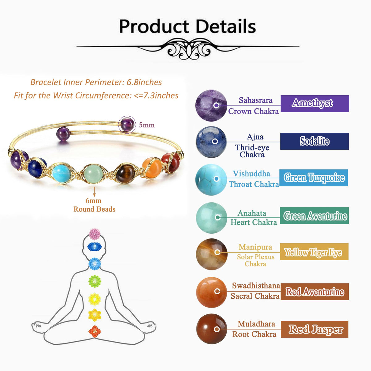 Top Plaza 7 Chakra Yoga Meditation Bracelet Healing Crystal Stone Bead Cuff Bracelets Adjustable 14K Gold Plated Bracelets for Women Ladies Birthday Gifts