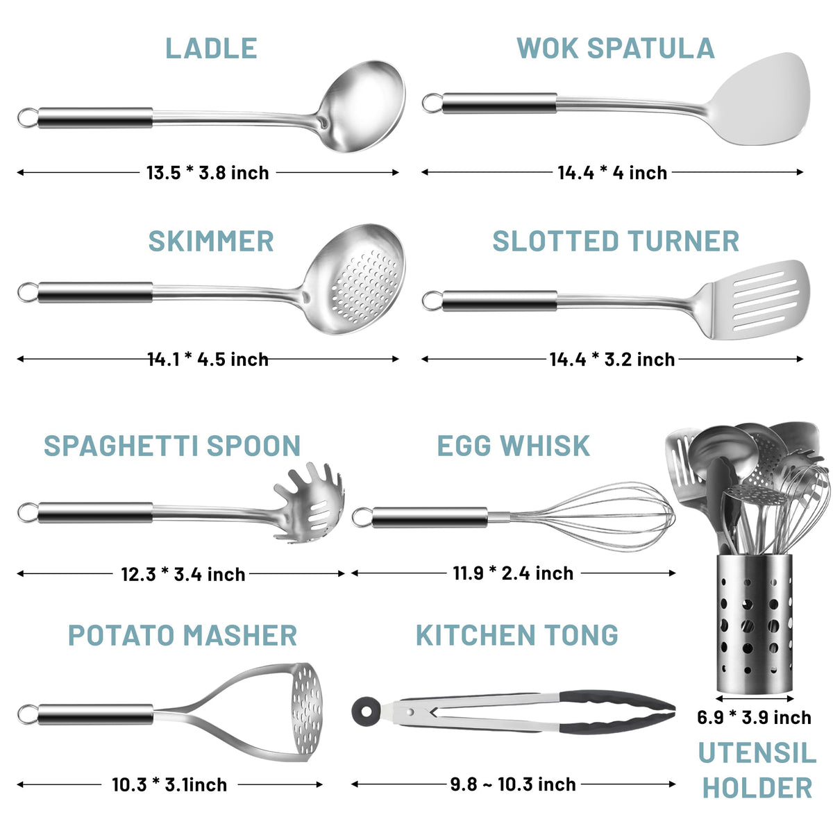 Pleafind Stainless Steel Cooking Utensils Set, 9 Pcs Heat Resistant Kitchen Utensils Set, Nonstick Kitchen Tools Set With Utensil Holder, Metal Spatula Set for Chef, Dishwasher Safe