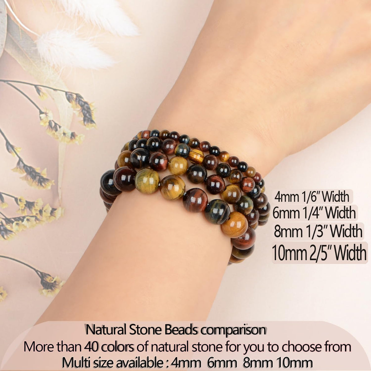 LPBeads Handmade Natural Gemstone Stretch Elastic 4mm Multicolor Tiger's Eye Bracelet Healing Crystal Round Stone Beads Jewelry Gifts for Women Men
