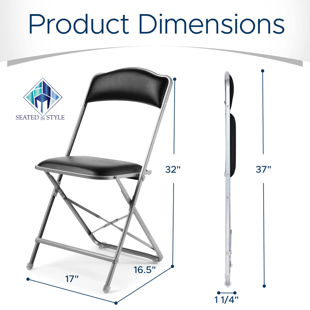 Gold Furnishings Premium Folding Chairs 4 Pack – Narrow 15” Seat, Padded Seat & Back – Folds Ultra Slim (~1 Inch) – Elegant Event Seating for Weddings, Parties & Dining Silver Frame Black Vinyl