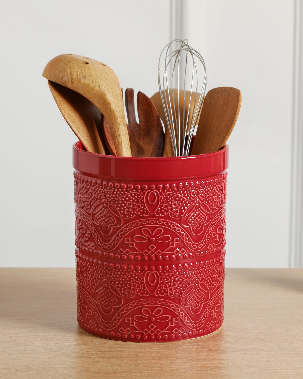 FUN ELEMENTS Kitchen Utensil Holder, 7.2" Super Large Utensil Crock Heavy and Stable Lace Emboss Ceramic Utensil Holder for Kitchen Counter (Christmas Red)