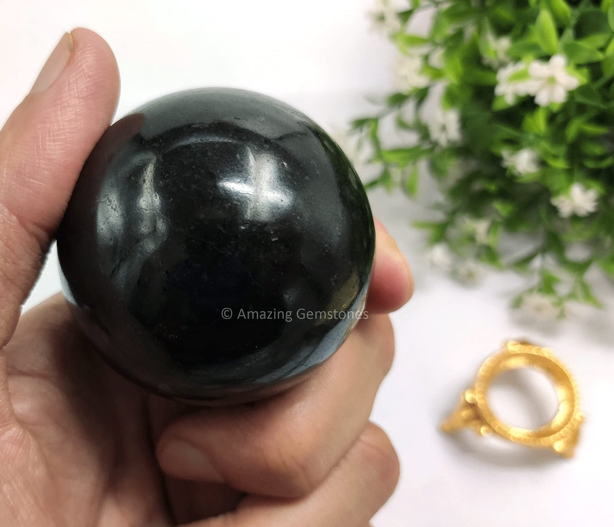 Amazing Gemstone Black Tourmaline Crystal Sphere Round Ball with Sphere Holder Stand, Natural Healing Stone Sphere for Massage Meditation Crystal Grid Witchcraft Supplies Reiki Yoga