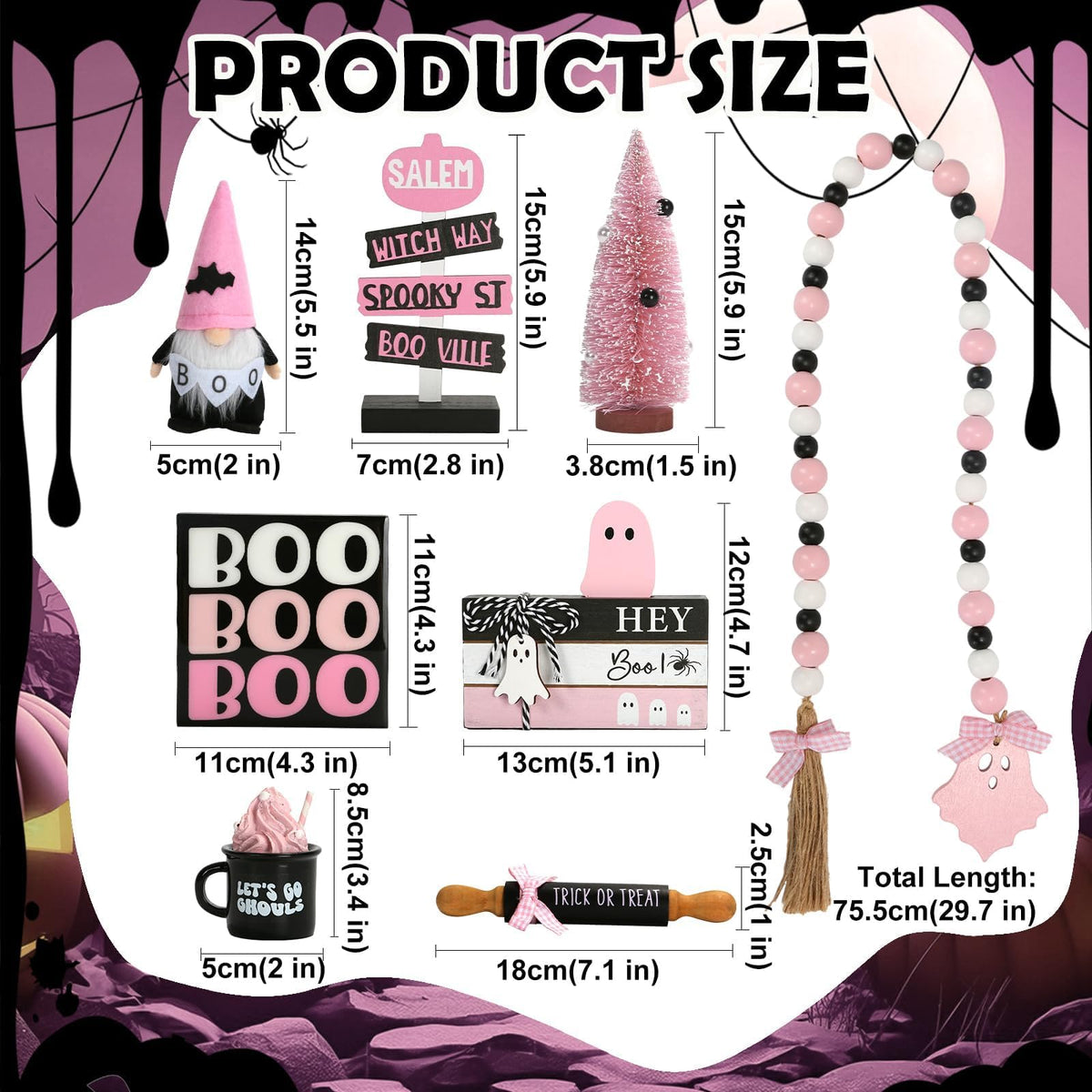 Pink Halloween Decorations 8PCS Tiered Tray Decor, Cute Girlie Tabletop Halloween Decor for Home Office Tray Shelf Mantel Office Table Centerpieces Farmhouse Rustic Spooky Wood Signs