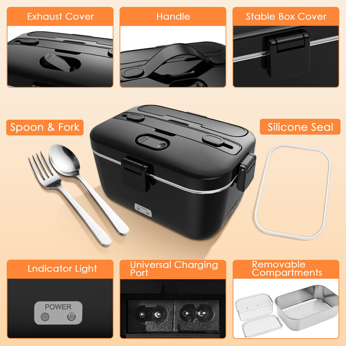 COZYEXPERT Electric-Lunch-Box-Heated-Food-Warmer 100W Heating Lunchbox for Adults 1.8L Portable Food Heater for Work/Car, 12V/24V/110-230V Lonchera Eléctrica Portátil with Fork Spoon (Black)