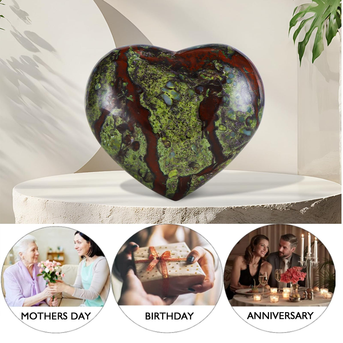 LEADGEM 50mm Dragon Blood Stone Heart Crystal Worry Stone for Anxiety Healing Crystals Heart Shaped Rock for Home Office Decoration