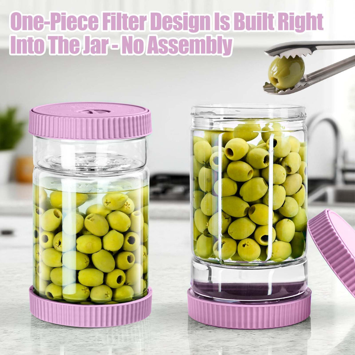 LIVSGNISTA Upgraded 40oz Glass Pickle Jar with Time Tracker–Pickle Container with Strainer Flip Leak-Proof,Auto Venting,Easy Clean Design Hourglass Pickle Juice Separator(Purple)