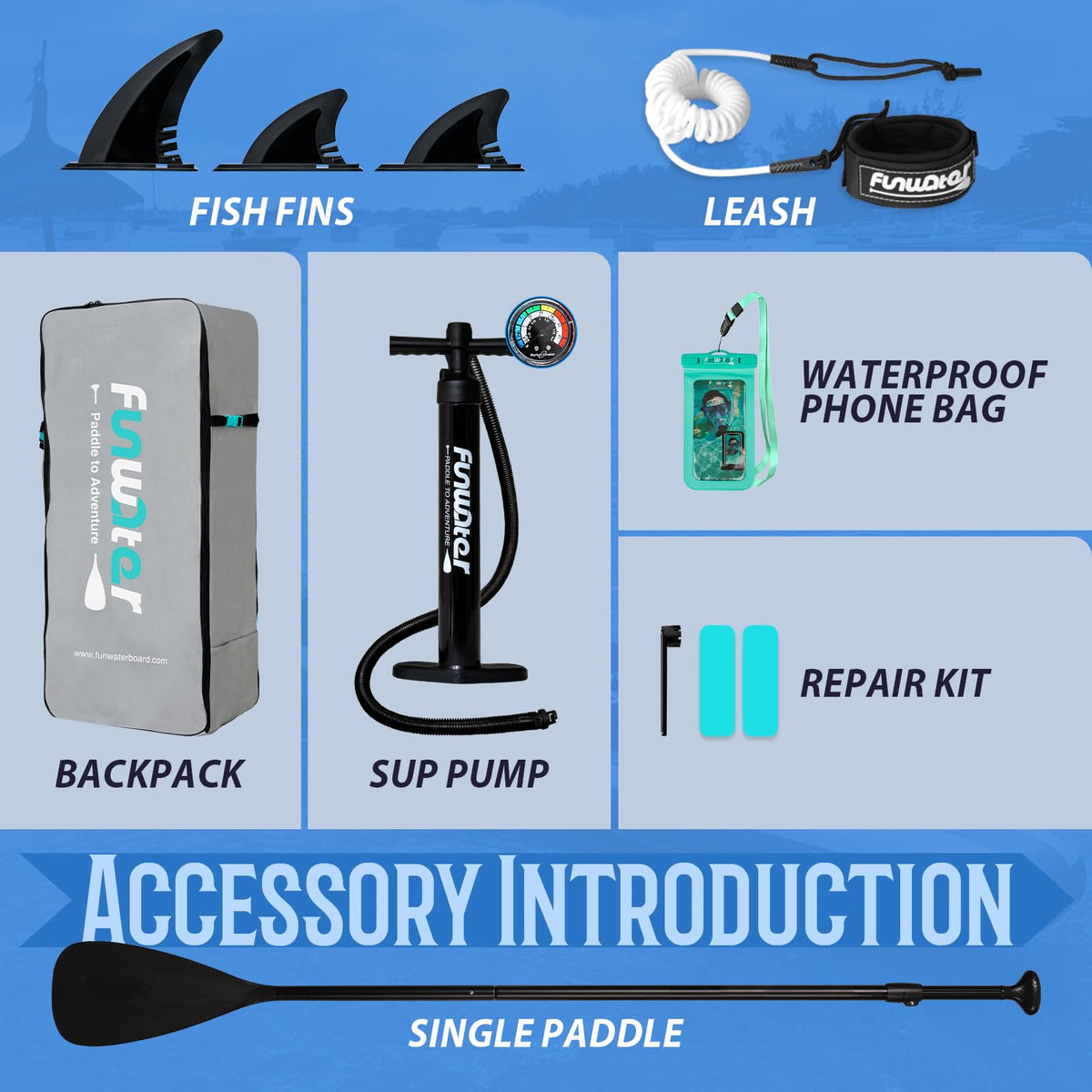 FunWater SUP Inflatable Stand Up Paddle Board Ultra-Light Inflatable Paddleboard with SUP Accessories,Fins,Adjustable Paddle, Pump,Backpack, Leash, Waterproof Phone Bag(Blue)