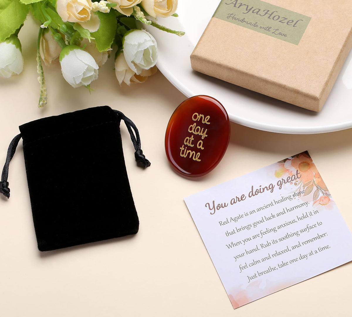 QINJIEJIE Gifts One Day at A Time Red Carnelian Agate Crystal Worry stone Healing Thumb Stone Thinking of You Gifts for Anxiety Relief Items You Got This Inspirational Encouragement Gift for Women Men