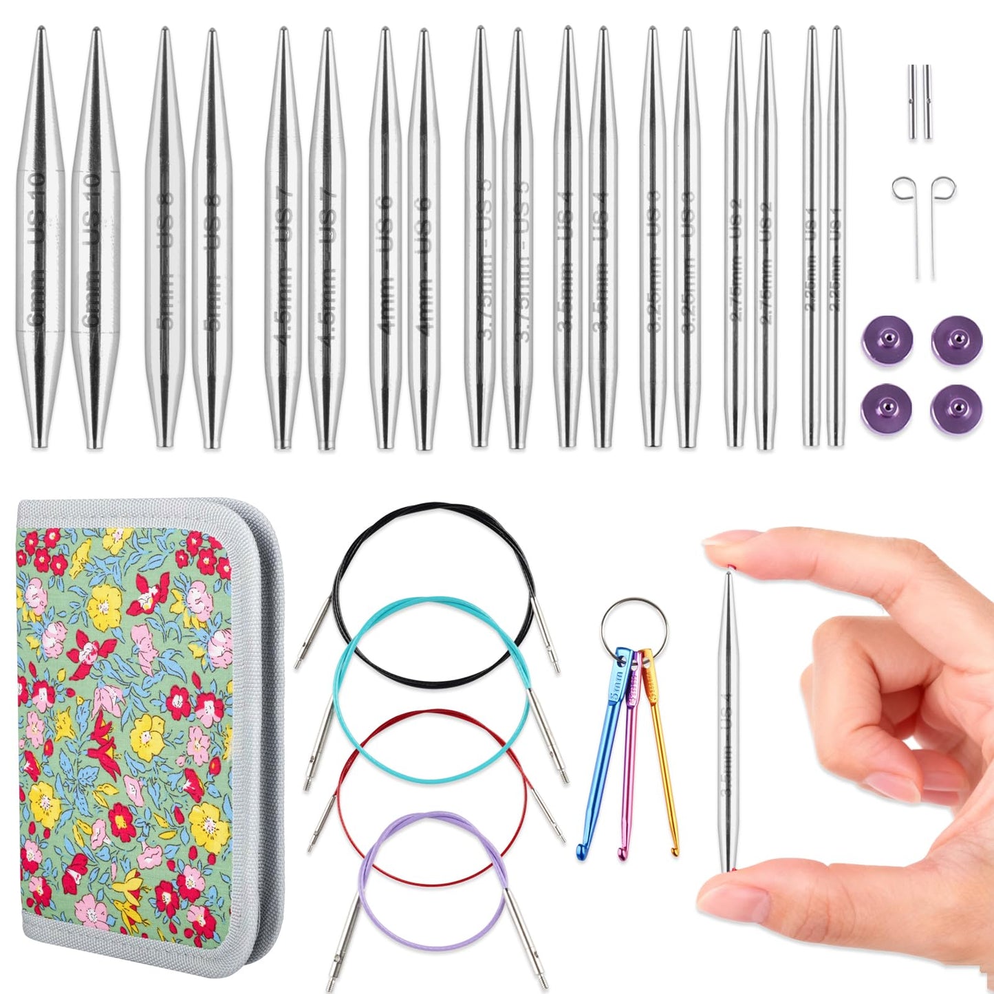 Svartur 2 inch Interchangeable Circular Knitting Needles, Stainless Steel Shorties Interchangeable Knitting Needles with 4 Assorted Cables, Storage case