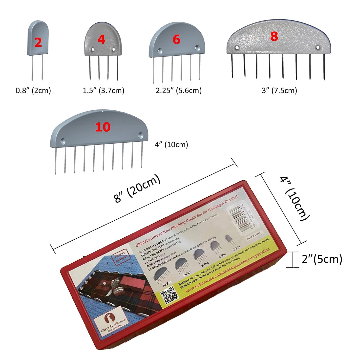 Suricata Knitting Combs - Set of 50 Curved Edge Combs with Extra 100 T-pins - Use with Blocking Mats for Knitting & Crochet Projects - Patent Pending (5 Sizes)