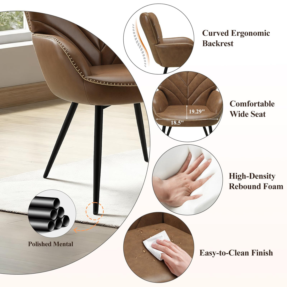 MALOL Mid-Century Modern Faux Leather Accent Chair for Living Room, Upholstered Armchair with Curved Back, High-Density Cushion & Metal Legs, Lounge Chair for Bedroom/Reading Corner,Set of 2