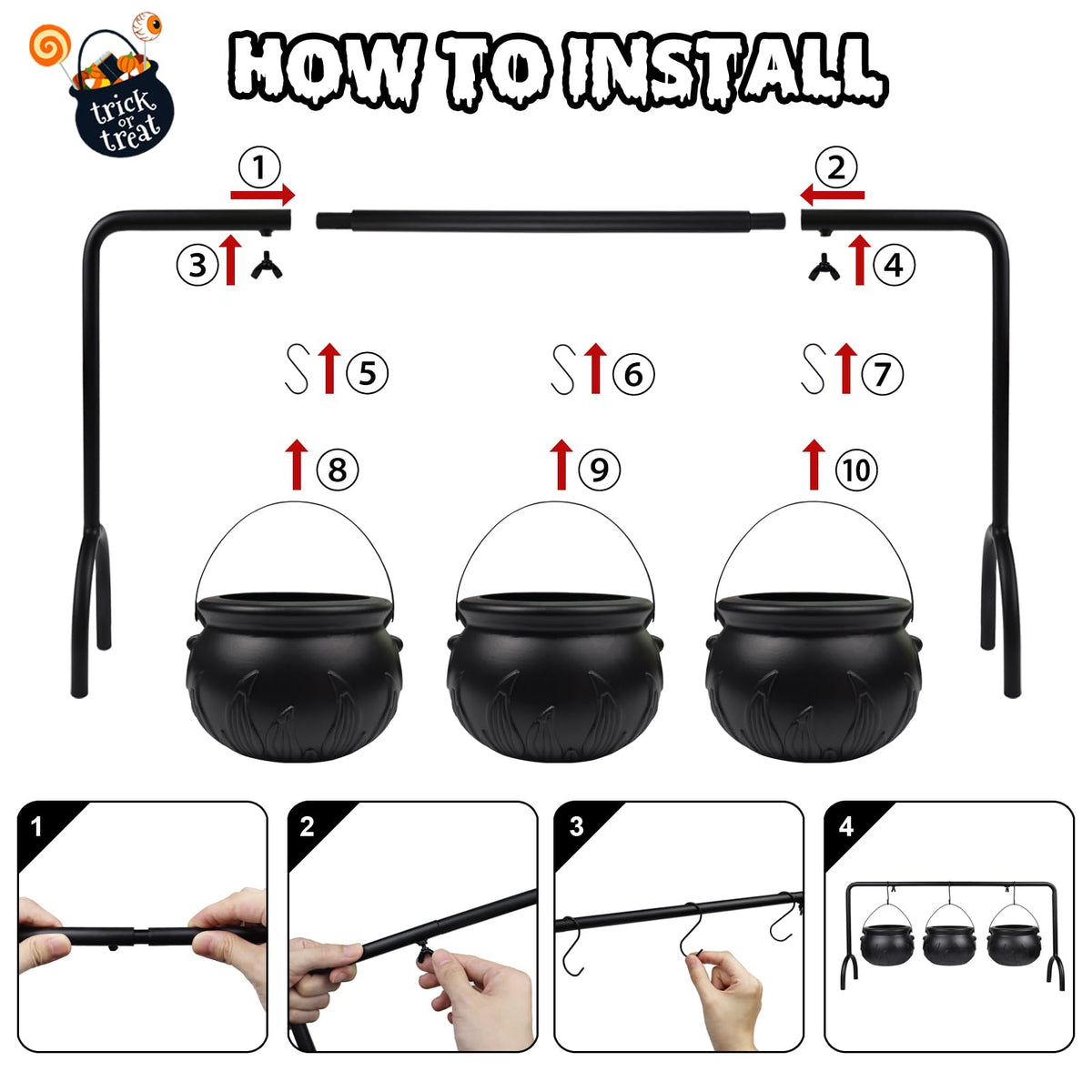 CESOF Cauldron Halloween Party Decor, Set of 12 Hanging Black Plastic Cauldron Bowls with Iron Rack, Large and Mini Candy Bucket Serving Punch Bowl for Table Witch Hocus Pocus Indoor Home Decorations