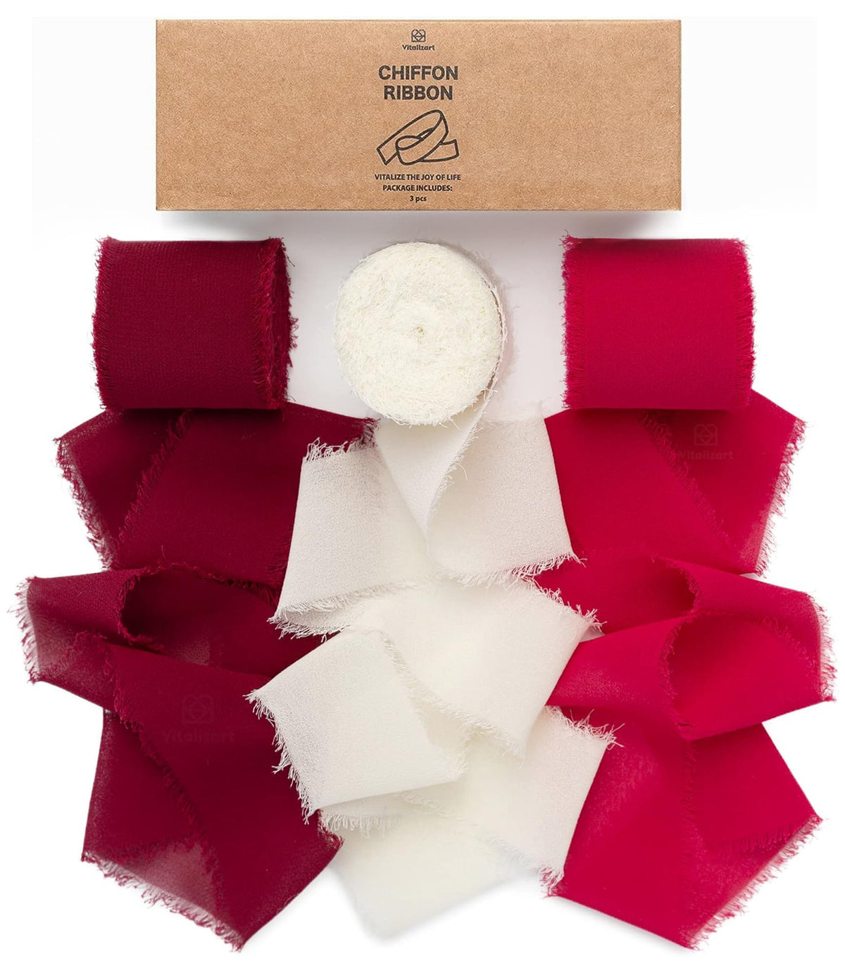 Vitalizart Red Handmade Chiffon Silk Ribbon Fringe 1.5" x 21 Yd Frayed Edges Ribbons for Wedding Invitations Bridal Bouquets Gifts Wrapping Crafts Holiday Party Decorations
