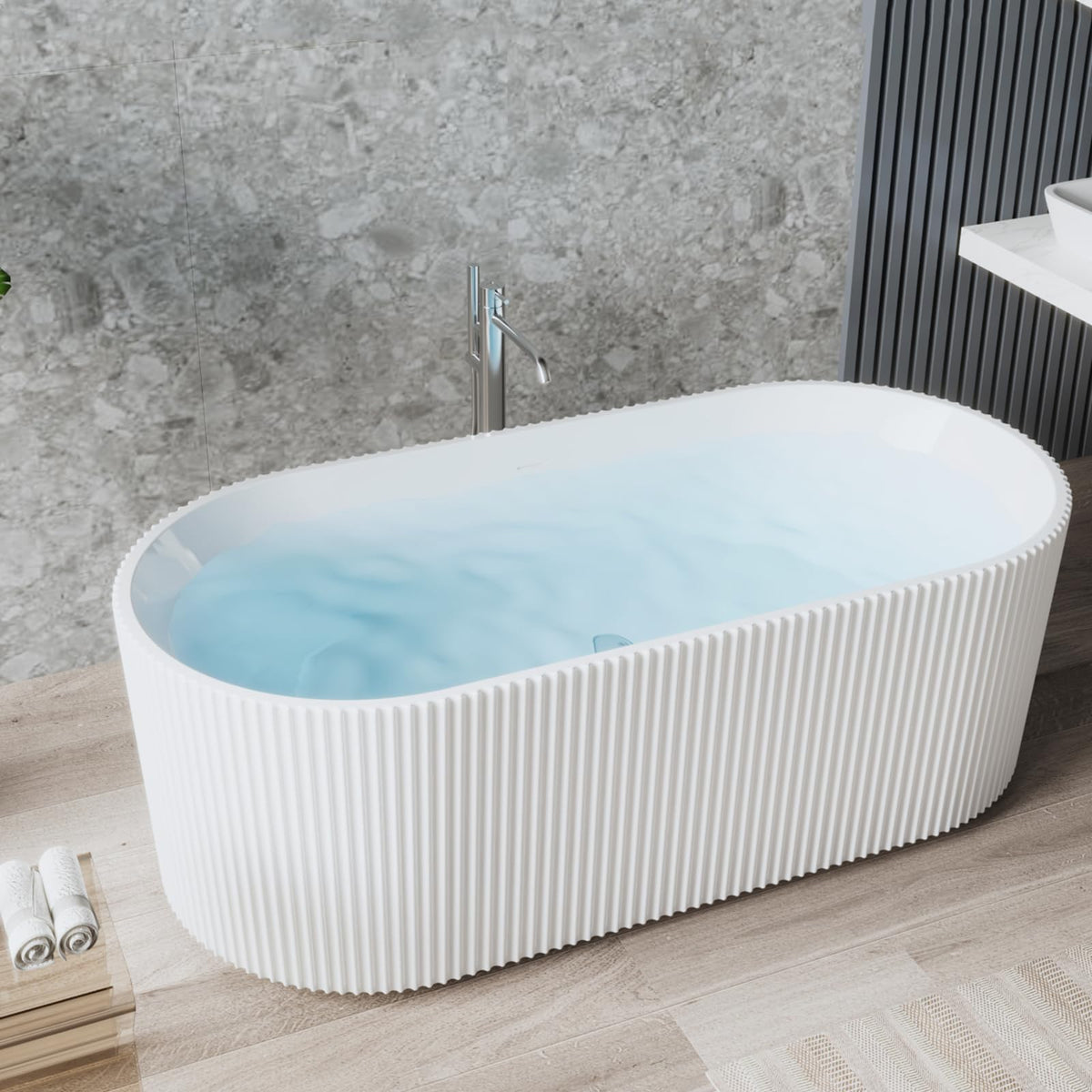 59" Acrylic Freestanding Bathtub, White Soaking Tub with Non-Slip Base, cUPC Certified Free Standing Tub, Chrome Drain Bath Tub, Modern Tub for Bathroom