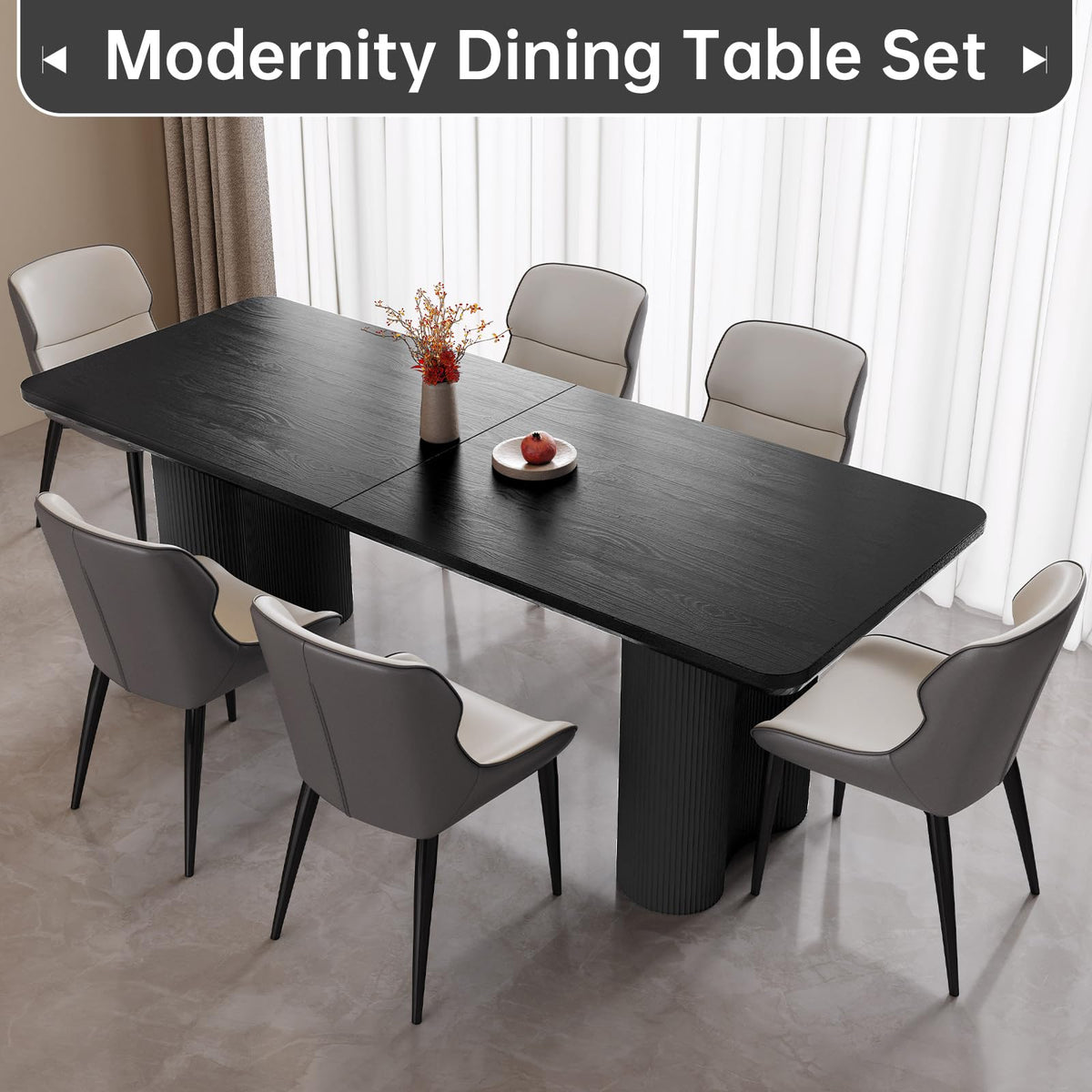 GraceNook 79" Rectangular Black Dining Table, Modern Kitchen Table with Sturdy Sleek Wave Support Legs for Living Room, Dining Room & Kitchen