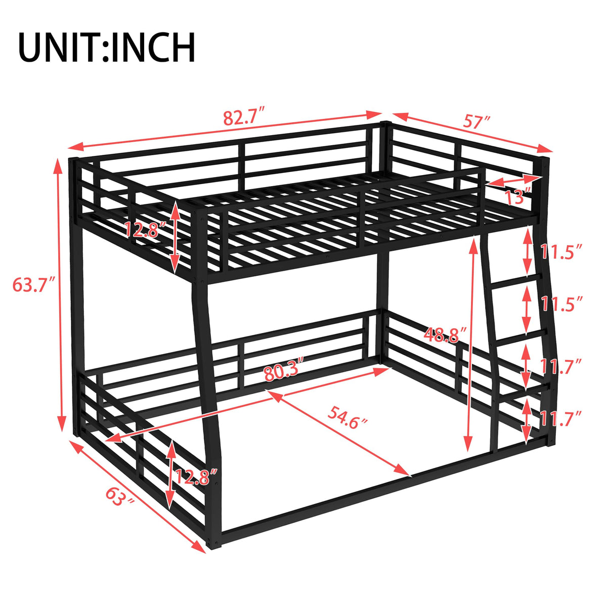 Full XL Over Queen Bunk Bed Frame with Noise Reduced Design, Heavy Buty Floor Bunk Bed Full XL Over Queen Bunk Beds with Build in Ladder for Adults, Teens(Black Floor Bunk Bed)