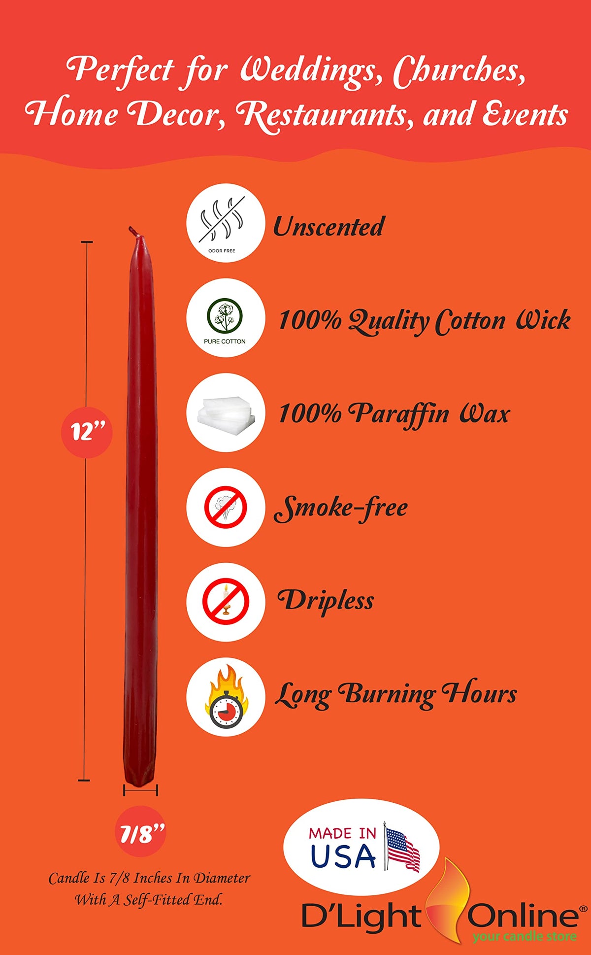 D'light Online Elegant Unscented 12" Pomegranate RedTaper Candles Premium Quality Hand-Dipped Tapered Candles, Dripless and Smokeless - Set of 12 Individually Wrapped (12 Inch, Pomegranate)