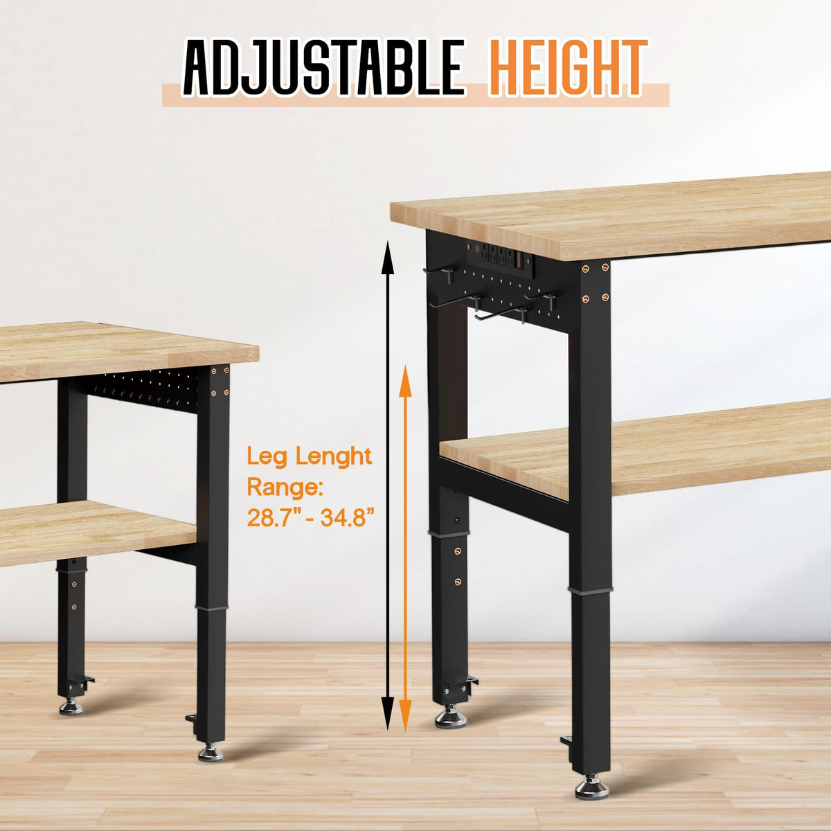 Albott 96" Adjustable 2-Tier Workbench with Solid Wood Top, Max 6000lbs Capacity, Built-in Power Strip with 4 AC Outlets & 2 USB Ports, Pegboard & 20 Hooks, Shop Garage Office