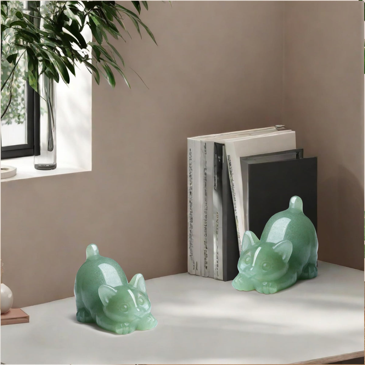 NUKAYAI 2" Green Aventurine Cat Figurine Decor Crystal Statue Carved Home Room Decor Figurines for Natural Lazy Gemstones Sculpture Handcrafted Healing Stone Office Spiritual Gifts for Cat Lovers