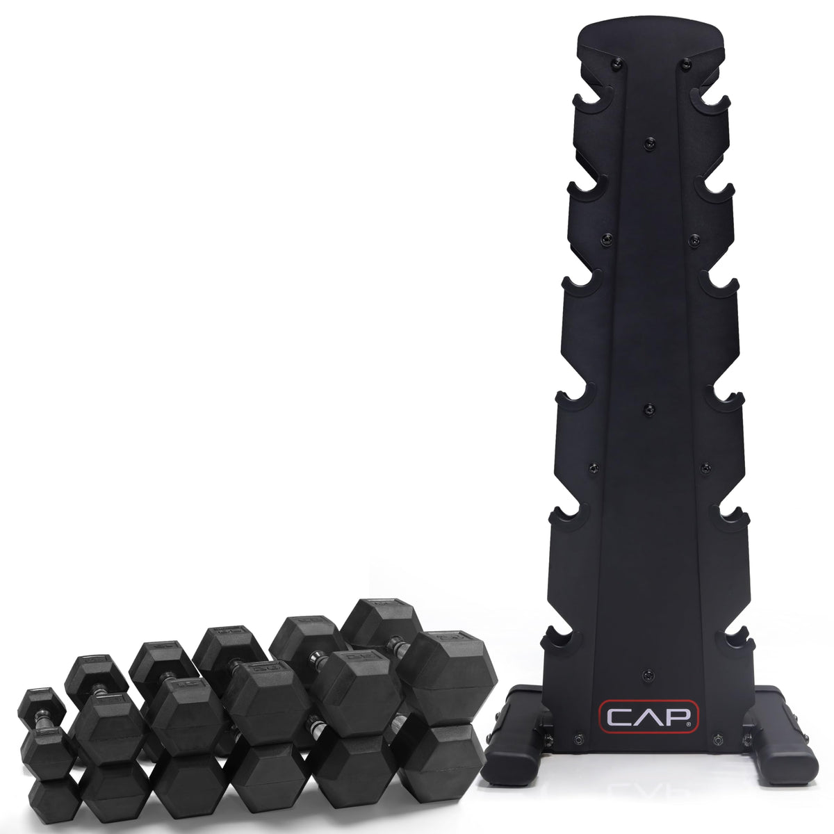CAP 210 lb Rubber Coated Hex Dumbbell Set with Vertical Rack, Space-Saving Storage for Home Gym Strength Training, Chrome Handle, Black Rack