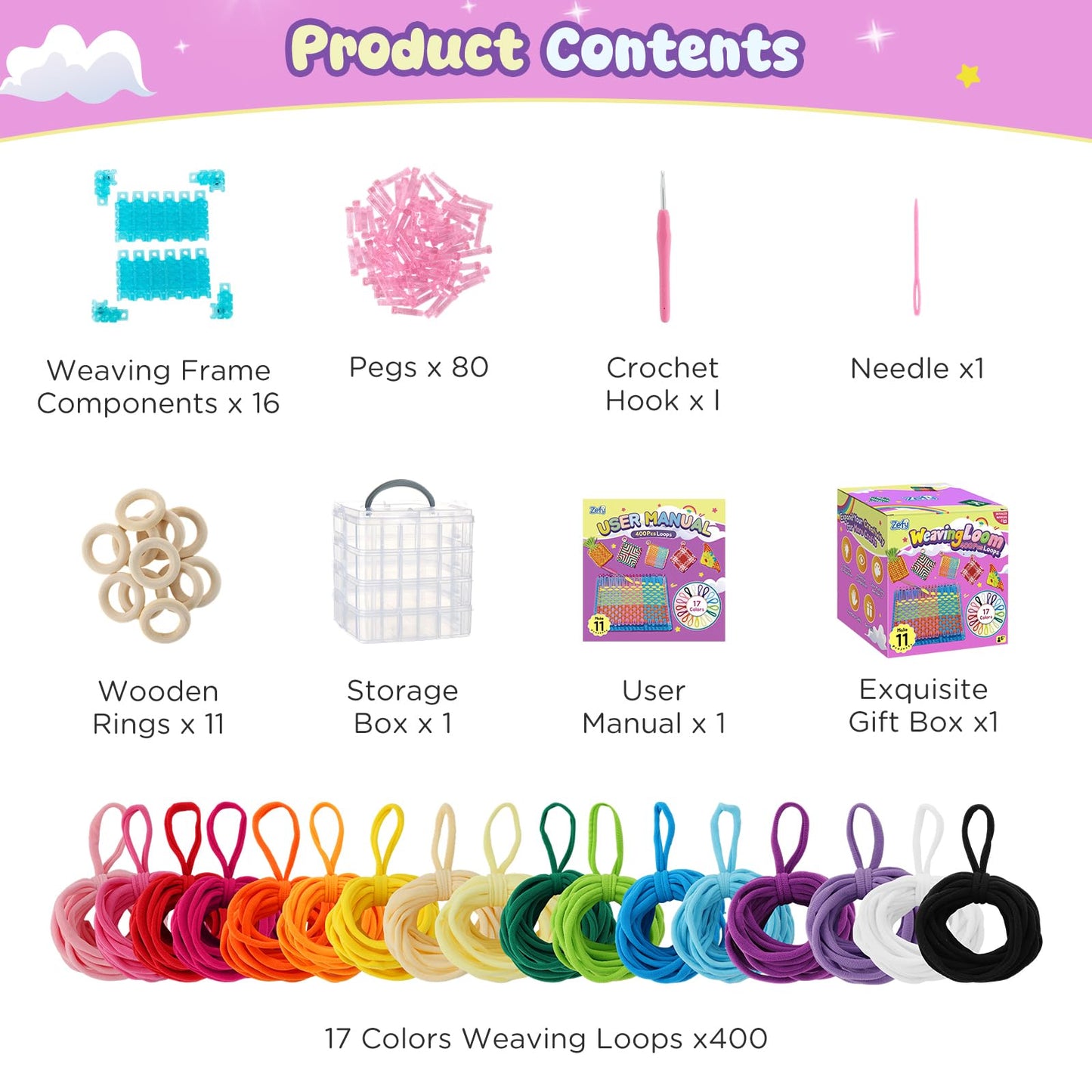 Zefy 400 Pcs Weaving Loom Kit Toys, 17 Colors Loom Loops with 11 PCs Wooden Rings, Rainbow Loops Making Potholder Loom Knitting Crafts Easter Gifts for Kids Girls Adults