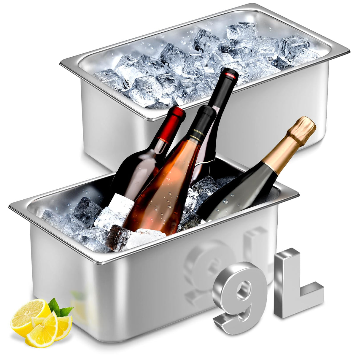 meekoo 2 Pack Ice Buckets for Freezer Wine Beer Champagne Bucket Stainless Steel Bin for Freezer Metal Drink Buckets Cocktails Wine Cooling for Mimosa Bar Supplies (9 Liters)
