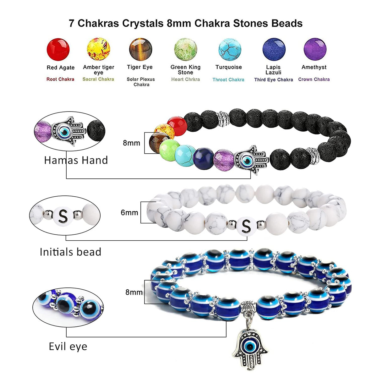 JUVJEW Initial Evil Eye Bracelets Chakra Crystal Bracelet Letter V Beads Lava Stone Bracelets Essential Oil Diffuser Hamsa Amulet Protective Jewelry (V)
