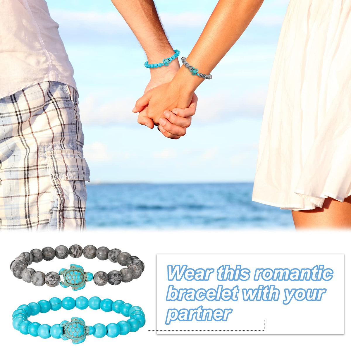 Bonuci Turtle Bracelet 4 Pieces Sea Turtle Beads Ocean Bracelets Natural Stone Turquoise Stretch Bracelet Gifts for Women Men