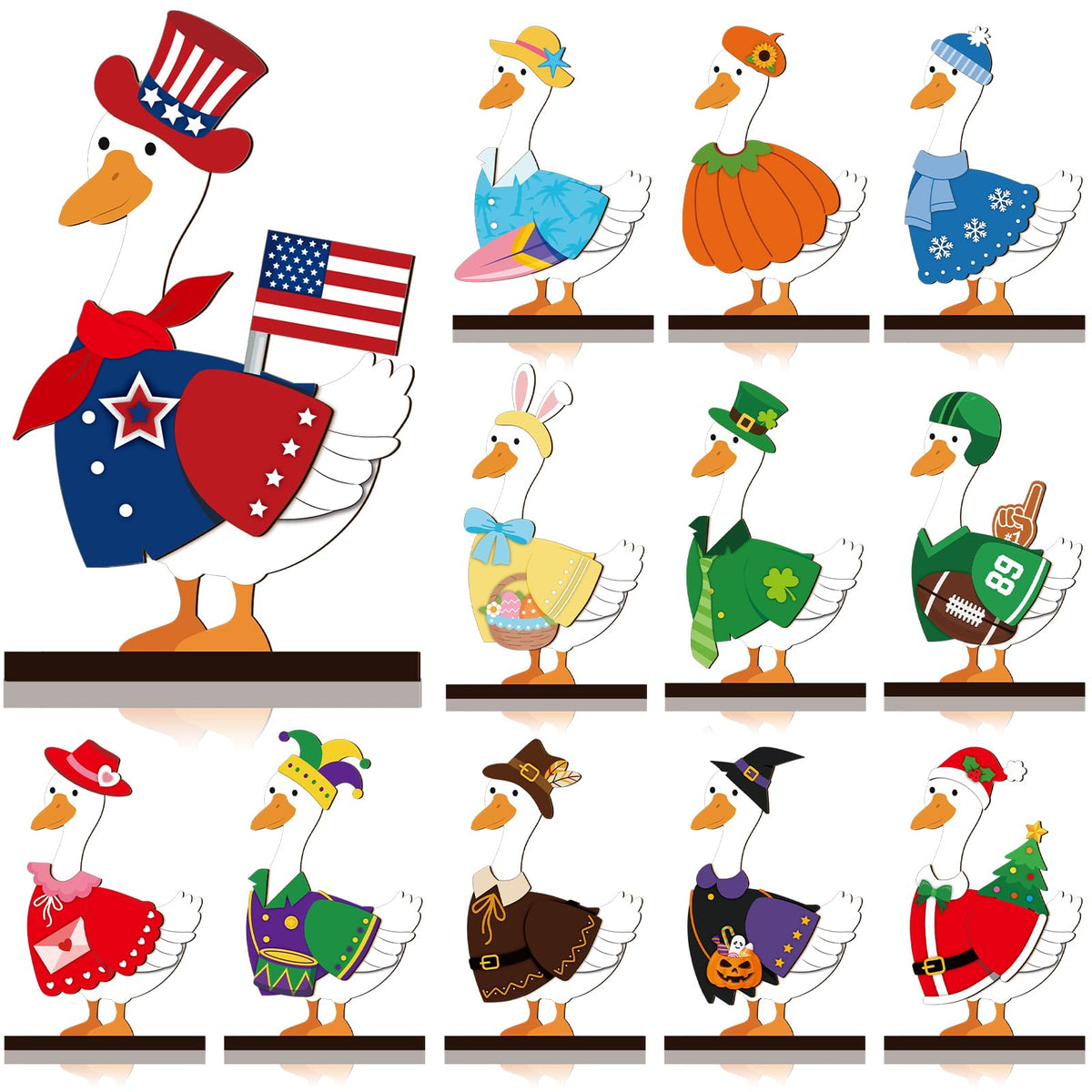 Menkxi 27 Pcs Interchangeable Seasonal Goose Table Decor Wooden Desk Goose Outfit Signs Farmhouse Table Centerpiece with Holiday Icon Rustic Spring Patriotic Memorial Day Spring Decor for Home Office