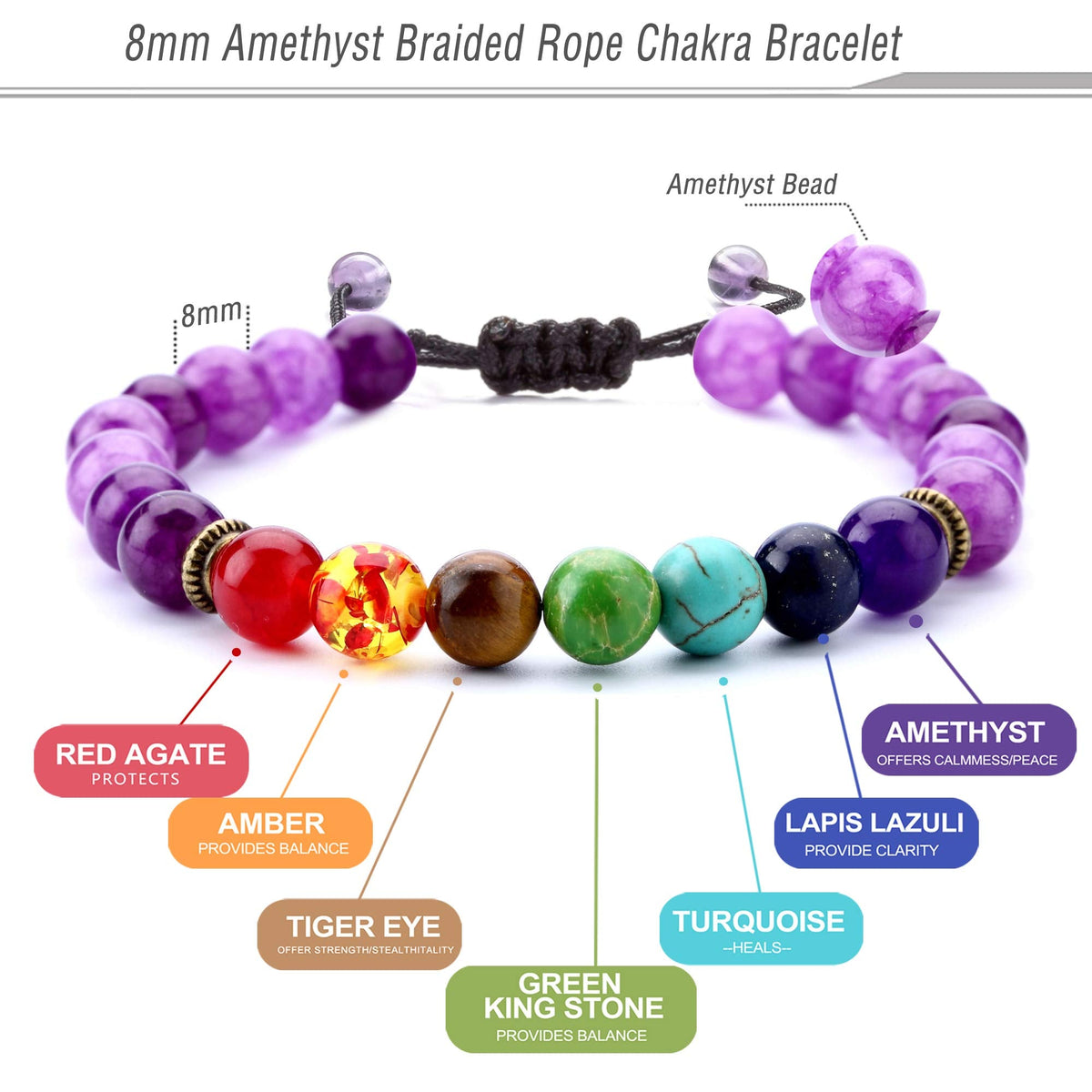 Hamoery 8mm Lava Rock 7 Chakras Beads Bracelet Gifts Braided Rope Natural Stone Yoga Bracelet Bangle (Amethyst Bead)
