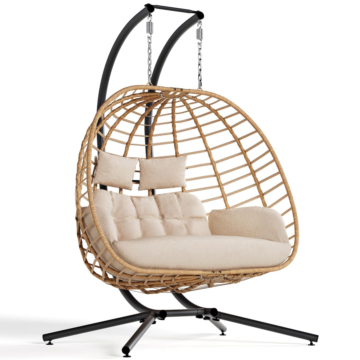 SWITTE Double Hanging Egg Chair with Stand, Outdoor Patio 2 Person Wicker Hammock Swing Chairs with Cushion Loveseat for Indoor Bedroom, Lawn, Garden-Beige