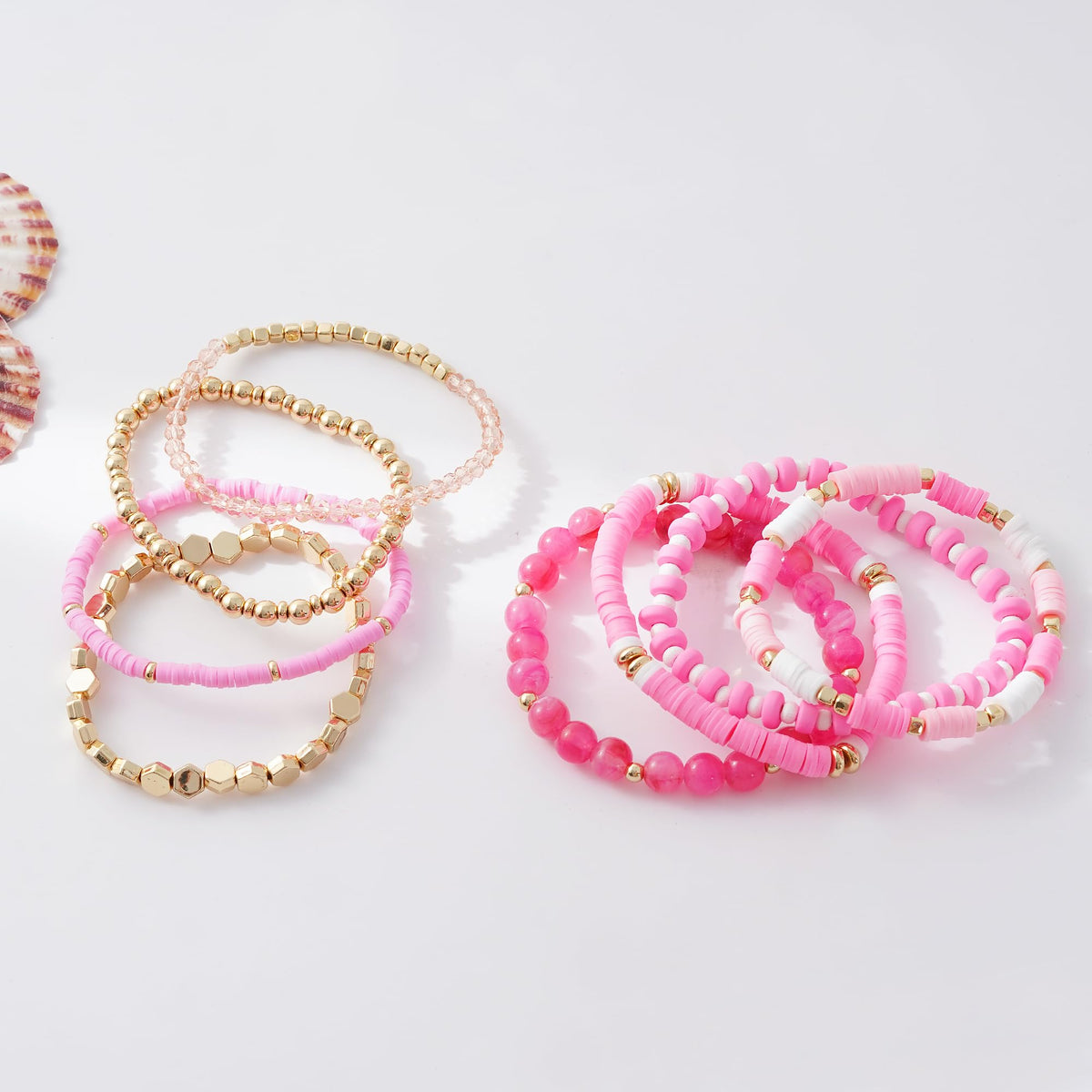 GOOJIDS Pink Surfer Heishi Clay Bead Bracelets for Women Bohemian Stackable Gold Plated Beaded Stretch Bracelets Elastic Layering Friendship Bracelets Set Boho Jewelry