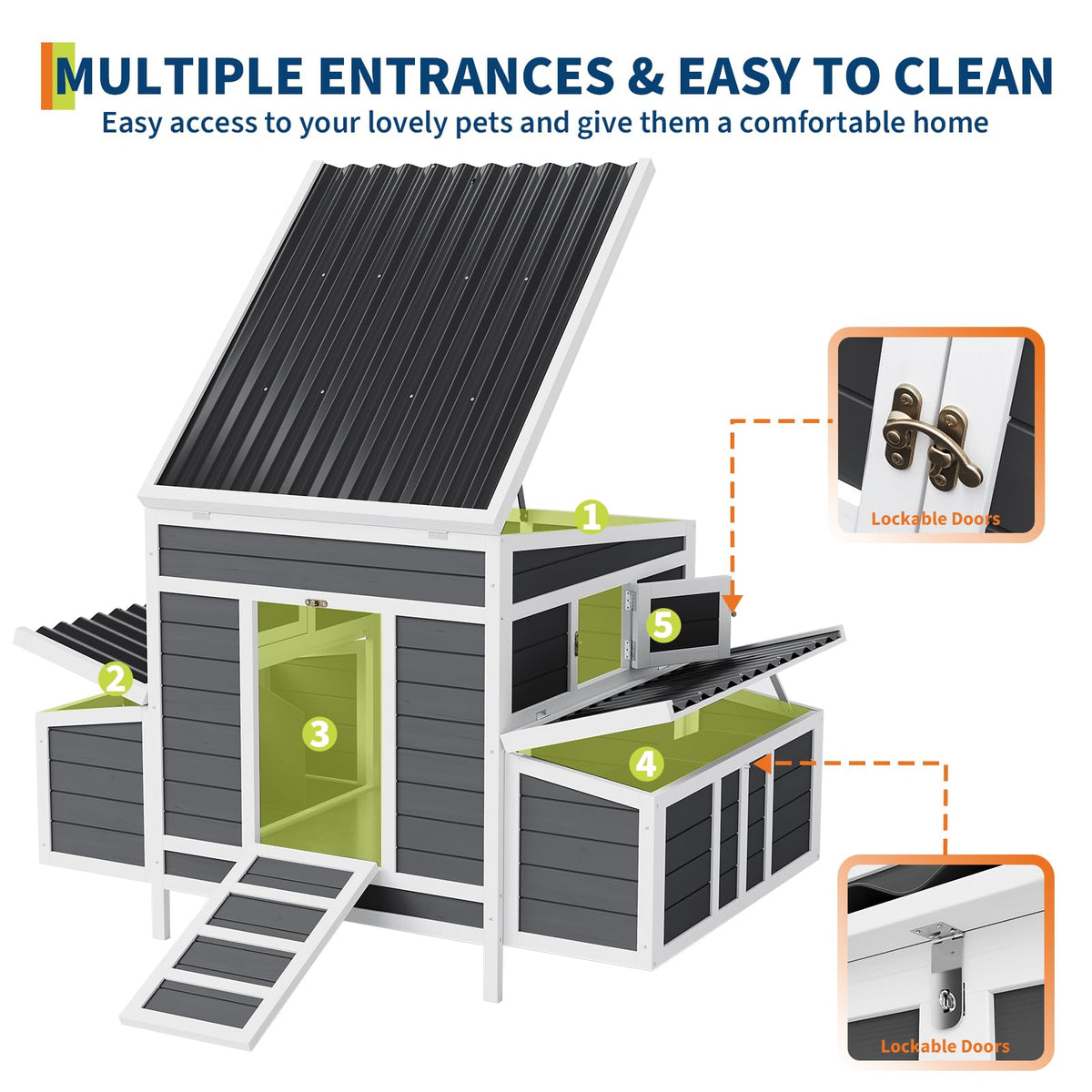 Large Wooden Chicken Coop,Wooden Hen House for 4-6 Chickens – Outdoor Poultry & Rabbit Cage with 6 Nesting Boxes, No-Slip Ramp, Pull-Out Tray, Openable Roof & Window