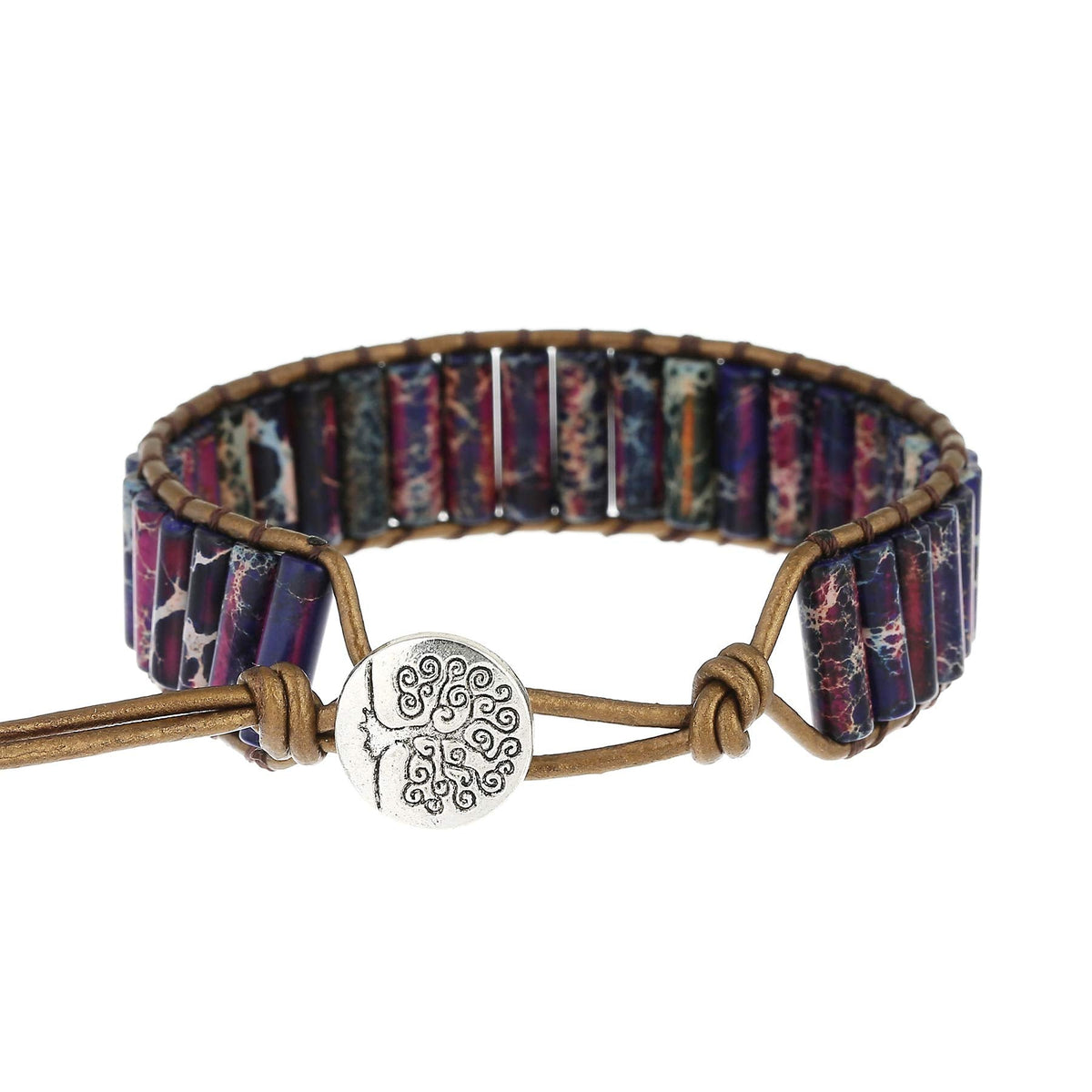 Plumiss Boho Handmade Chakra Bracelets Leather Purple Imperial Jasper Bead Wrap bracelet for Women Men