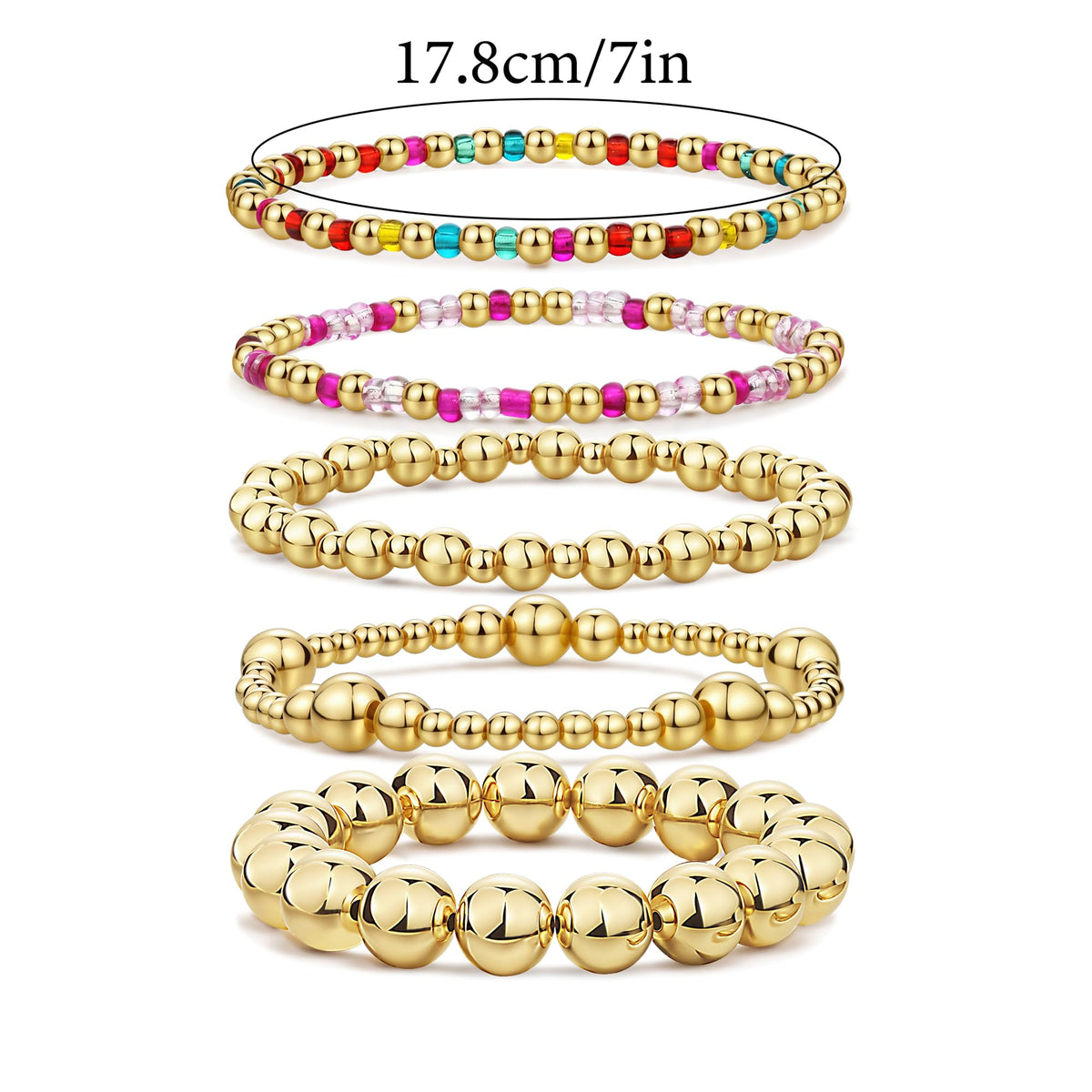Qiuseadu Chunky Gold Beaded Stack Bracelets Beads Ball Cross Colorful Statement Bracelets Set for Women (Pink Bead Edition)