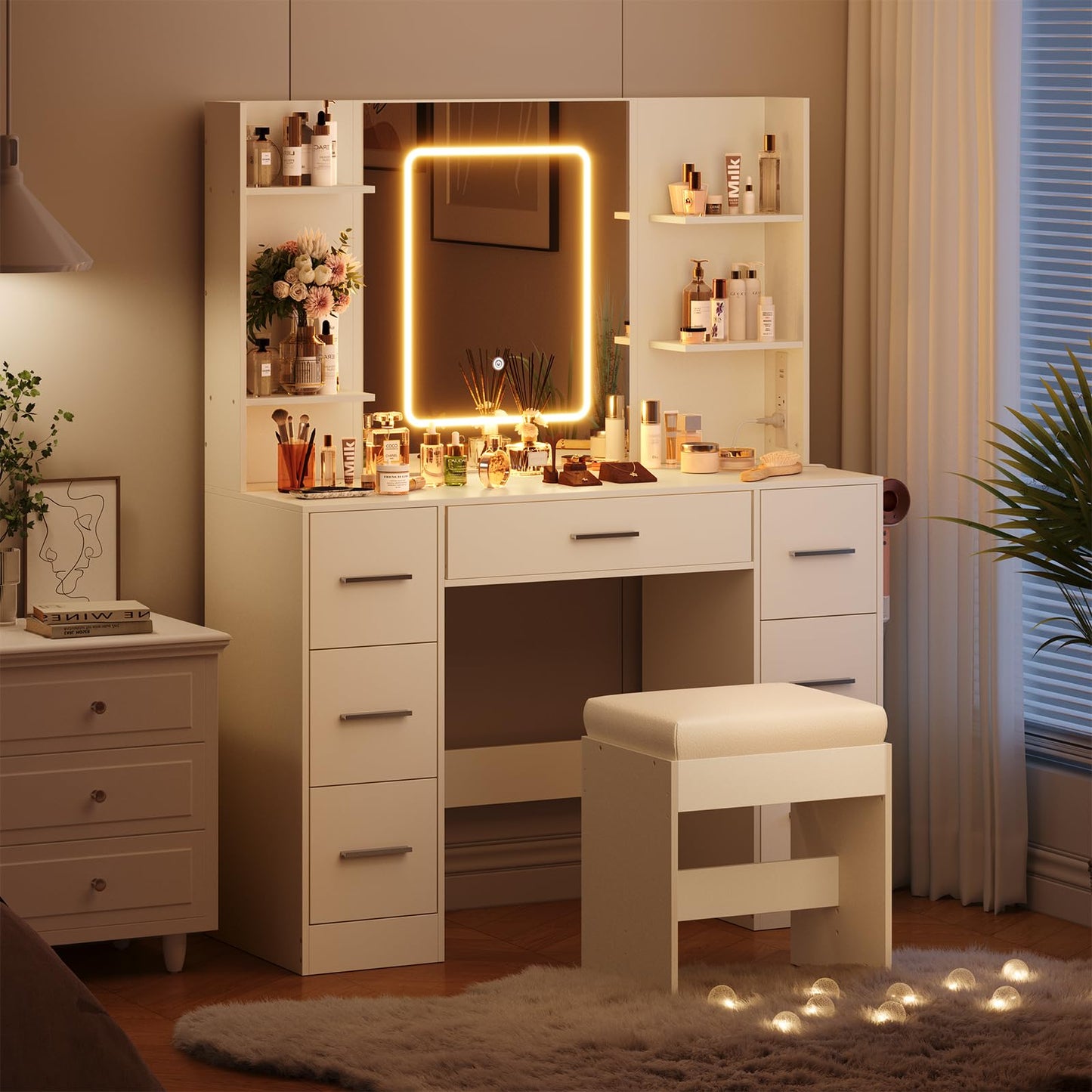 GarveeLife 7-Drawer Vanity Desk with Lights and Mirror – White Makeup Vanity Set with Power Outlets & USB, 3 Color LED Modes & Dimmable, Includes Hair Dryer Holder & Cushioned Stool for Bedroom, White