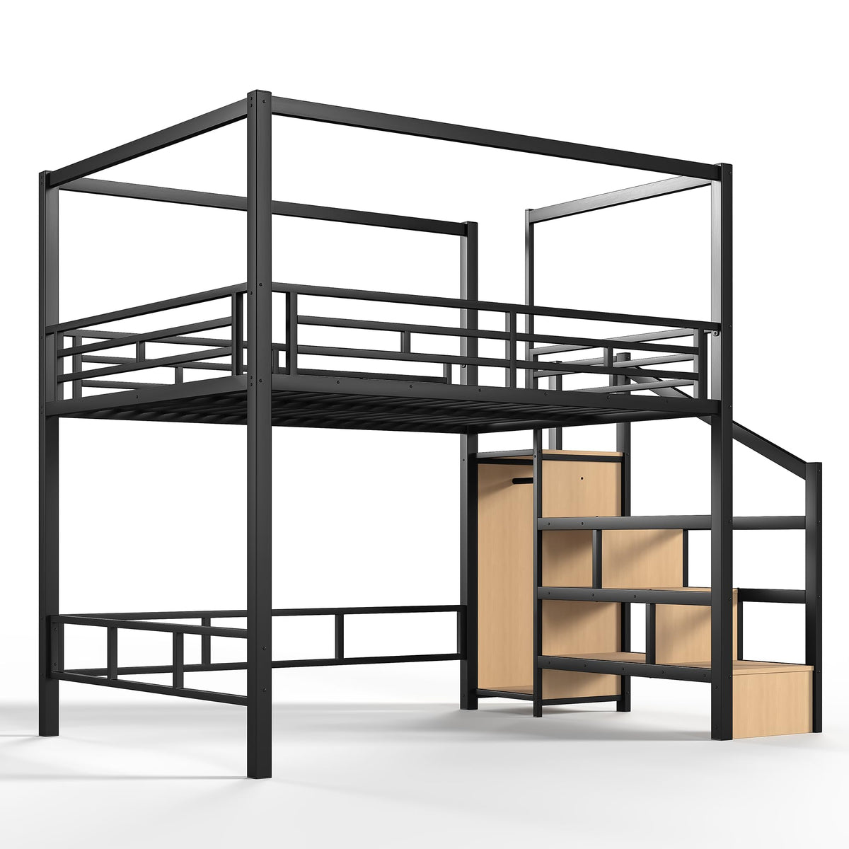 Bellemave Queen Size Loft Bed with Stairs and Wardrobe,Heavy Duty Metal Loft Bed Frame with Canopy for for Kids,Teens,Adults,Natural Wood