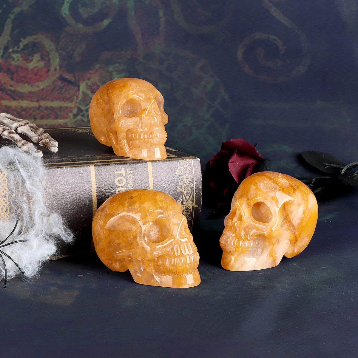 LEADGEM 3.0" Citrine Crystal Skull Figurine Healing Stones Carved Sugar Skull Head Sculpture Decor Day of The Dead Statue Ornaments Decorations