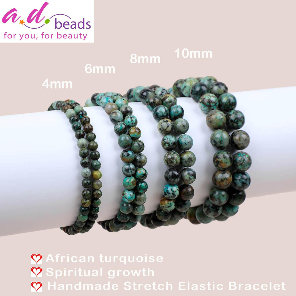 AD Beads Handmade Gemstone Stretch Elastic Bracelet Crystal Healing Reiki Nature's Beauty and Spiritual Essence Unisex (4mm, African Turquoise (Spiritual Growth))