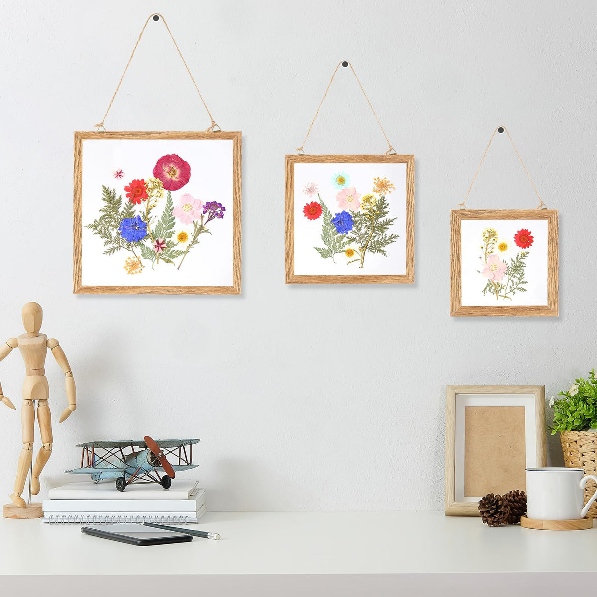 Vicenpal 3 Pack Wooden Dried Flower Picture Frame with 40pcs Pressed Flowers DIY Craft for Wall and Tabletop Display, Natural Gift for Family Friend Wedding