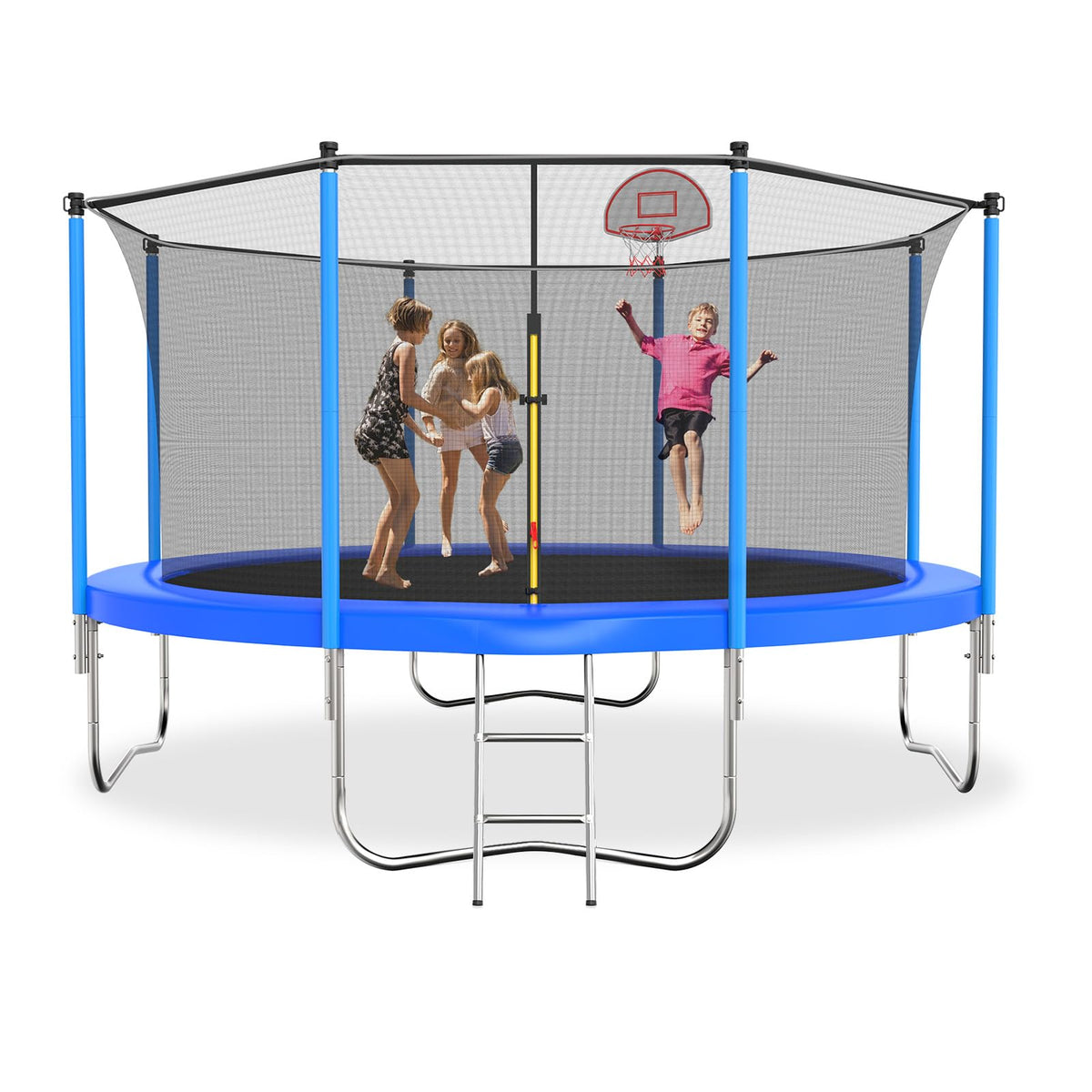 Tatub 12FT Trampoline for Kids and Adults, Outdoor Recreational Trampolines with Basketball Hoop & Enclosure Net, Blue