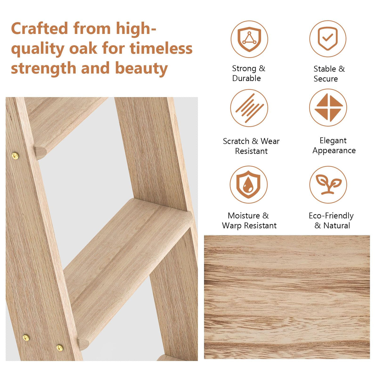 LKCBITION 95inch Oak Wood Ladder with 4ft Black Telescopic Roller Hardware on Sliding Library Ladder, Bottom Wheel with Brakes(Installation Height 89-3/4")