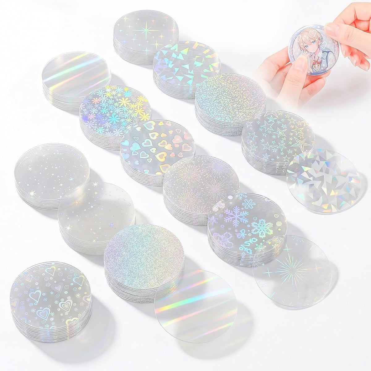 200 PCS Badge Film for Your 58mm / 2.25 in (Approx. 2-1/4 inch) Round Button Maker Machine，8 Different Holographic Button Making Supplies Film (200pcs Sand Star for 2.25inch Badge)