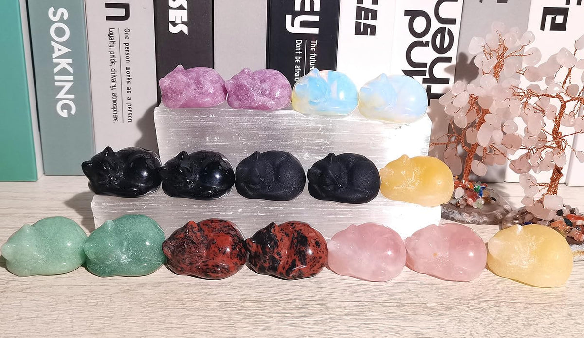 QINJIEJIE Rose Quartz Cat Decor Pink Gift Crystals Sleeping Cat Statue Stone Figurine Polished Gemstones Decors Office Room Home Desk Healing Valentines Decors for Women Cats Decor