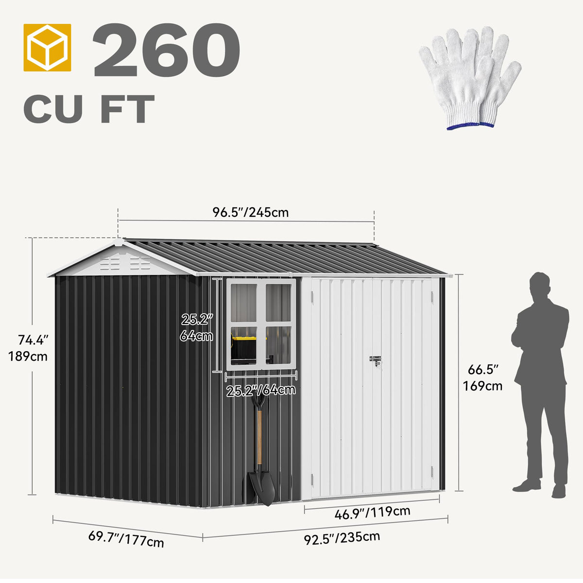 DWVO 8x6ft Metal Outdoor Storage Shed with Window, Lockable Tool Storage Sheds, Oversized Steel Garden Sheds with Sloped Roof for Backyard, Patio, Garage, Lawn (Gray + White)