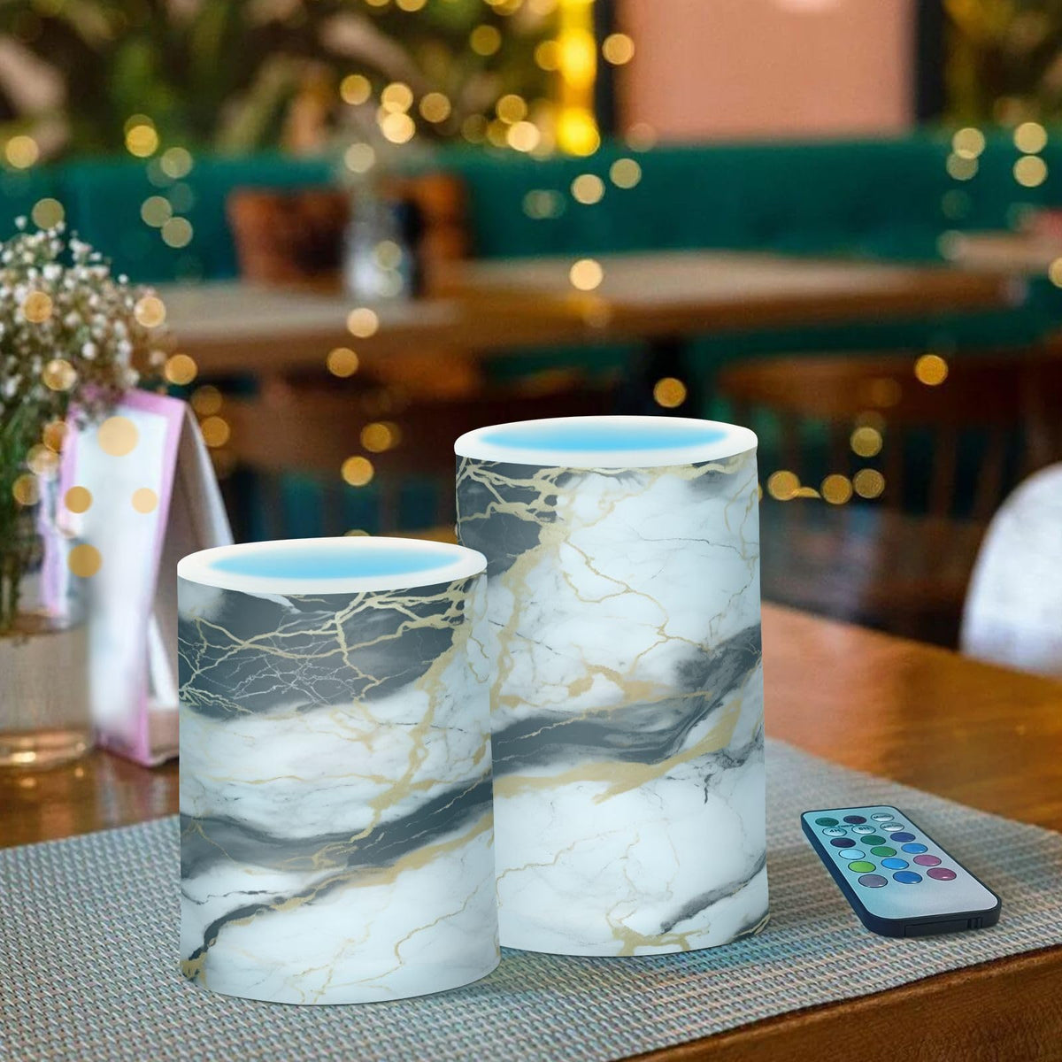 BOENLE Flickering Flameless Candles, Golden White Black Marble LED Candles with Remote Timer, Set of 2 Battery Operated Candle for Valentine Wedding Birthday