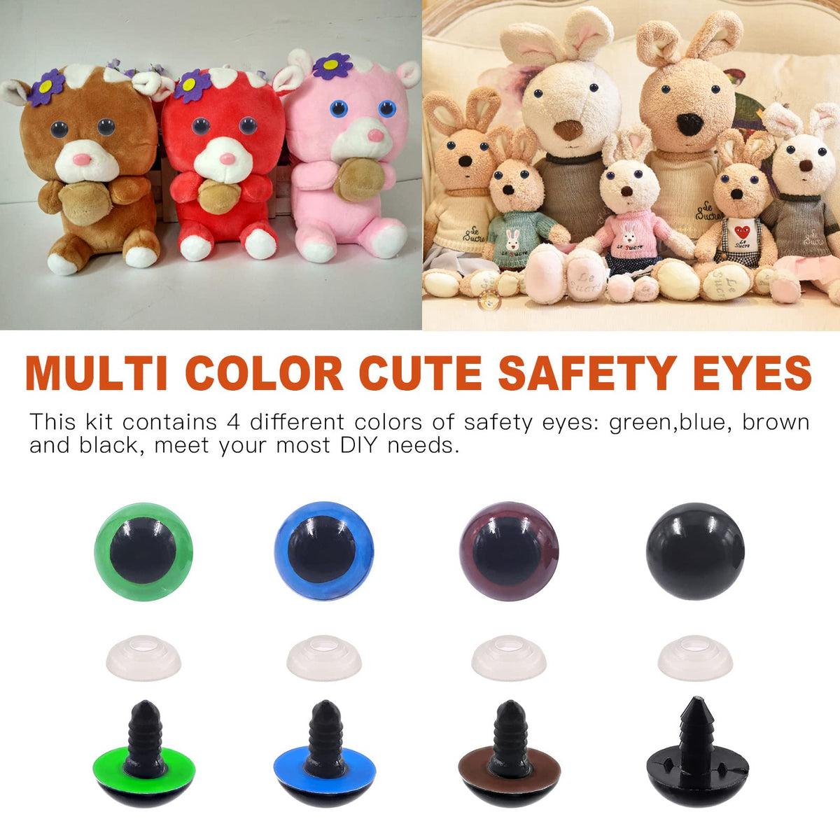 Tanstic 224Pcs Plastic Safety Eyes with Washers 4 Color Craft Doll Eyes for Doll Animal Crafts, Stuffed Crochet Animals (10mm, 12mm, 14mm, 16mm, 18mm)